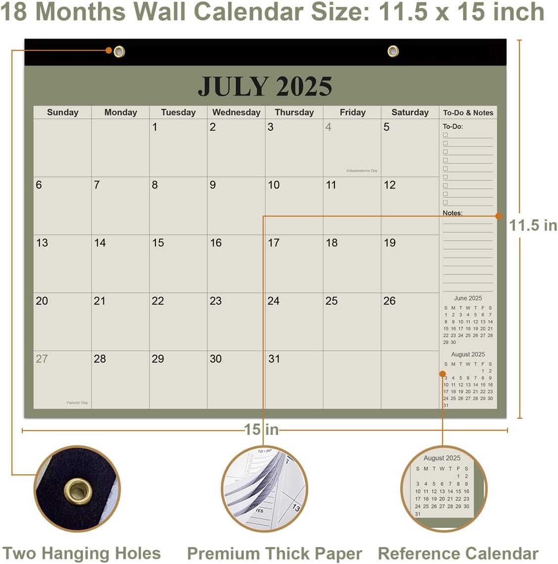 Desk Calendar 2025-2026 - 18 Months Calendar from July 2025 to December 2026, Calendar 2025-2026 with Thick Paper for Office Home School Organizing, 14" X 11", Green