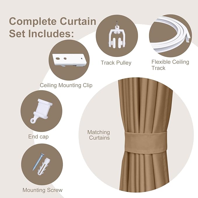 Room Divider Curtains & Flexible Bendable Tracks Set,Privacy Dividers Ceiling Track Curtain Window Blackout Curtains for Living Room Bedroom (W150 × H96 in 1 Panel Khaki Drape & White Rail)