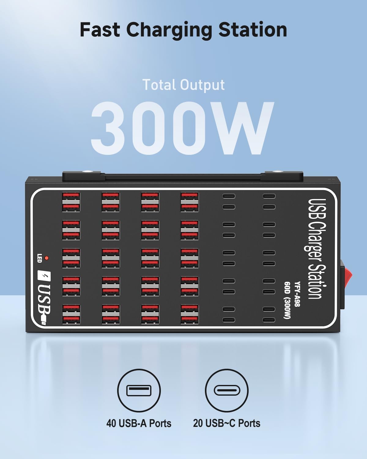 300W USB~c Charging Station, 60 Port (40 USB A & 20 USB~C Port) USB~C Charger Block, Fast Charging Station for Multiple Devices, Desktop USB Charger Compatible for iPhone, iPad, Tablets