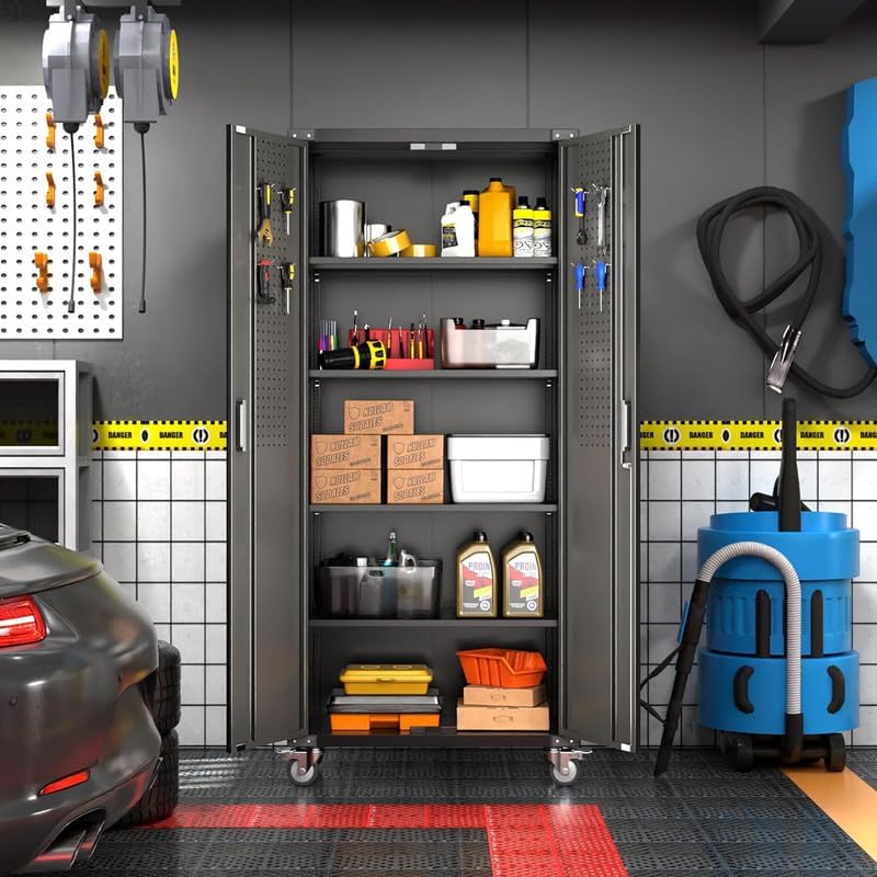 Aobabo Garage Storage Cabinet with Wheels,72" H Metal Storage Cabinet with 2 Doors and 4 Adjustable Shelves for Garage Home, Black,Required-Assembly