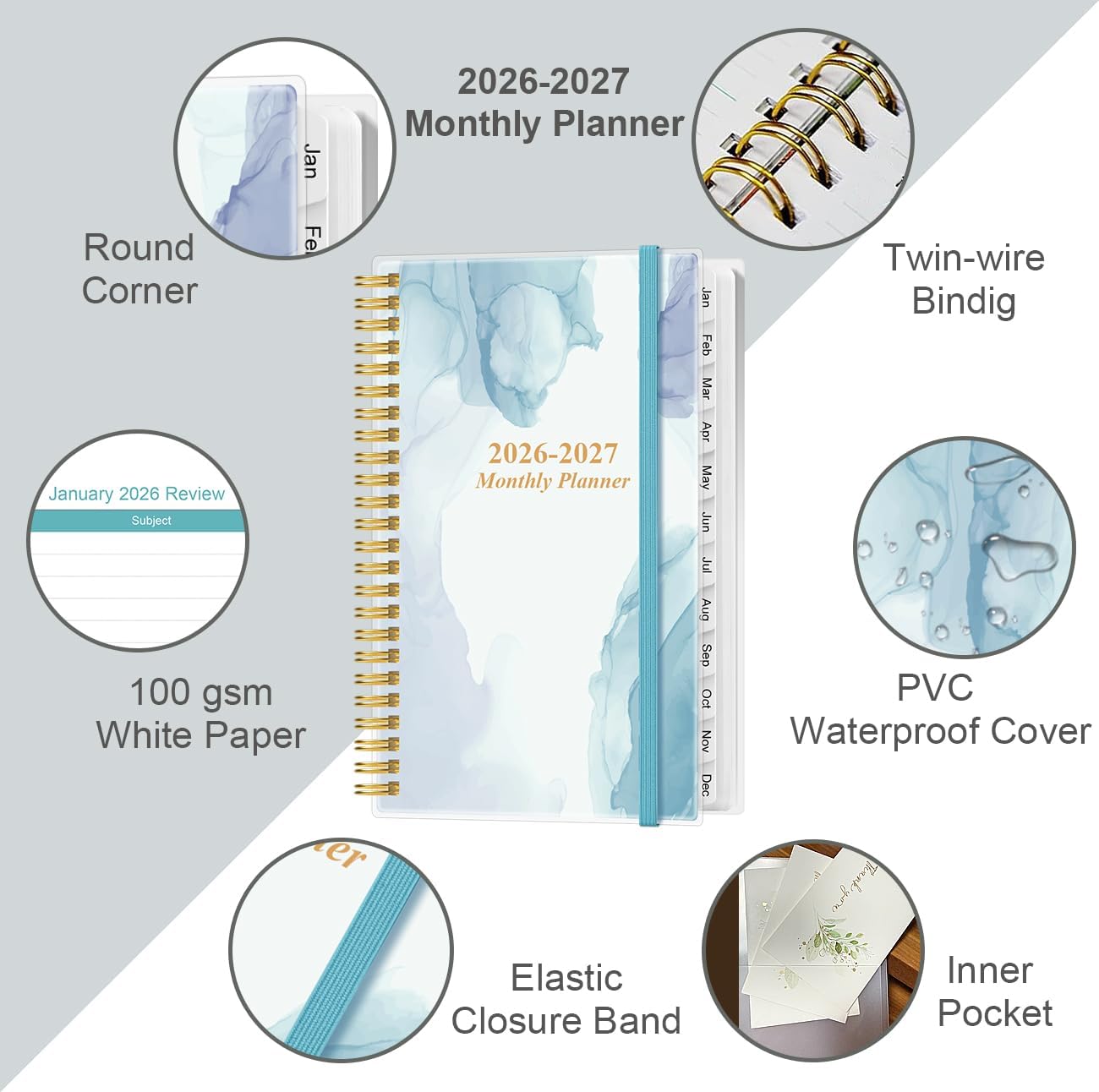 2025-2026 Monthly Planner - July 2025 - December 2026, Two Pages Per Month, 18 Monthly Calendar/Planner with Tabs, Strong Twin-Wire Binding, Inner Pocket, 3.75" x 6.5", Blue Watercolor