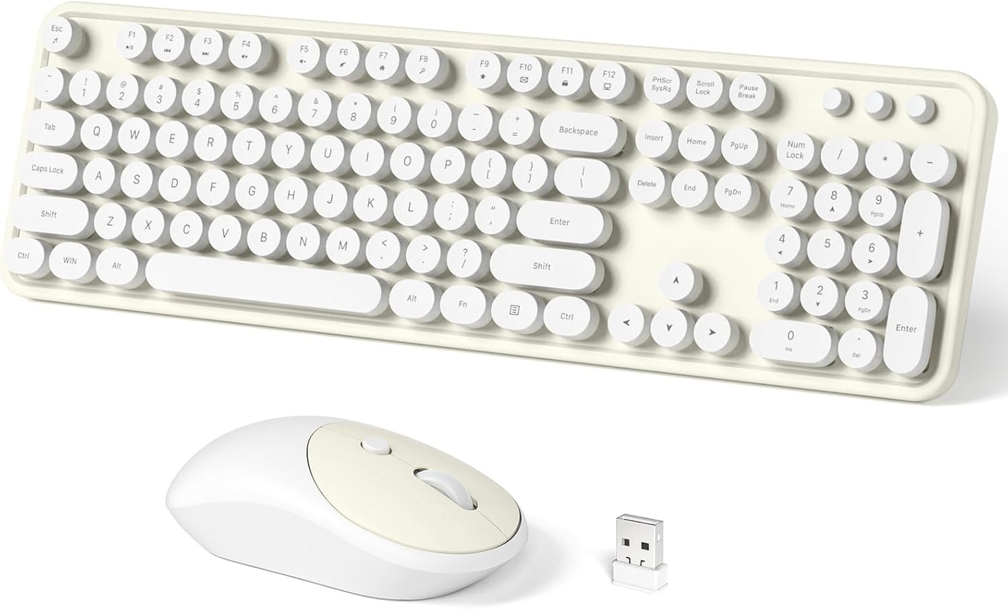 Wireless Keyboard and Mouse Combo, 104 Keys Full-Sized Typewriter Keyboards, 2.4 GHz USB Receiver Plug and Play, for Windows, PC, Laptop, Desktop (Cremy White)