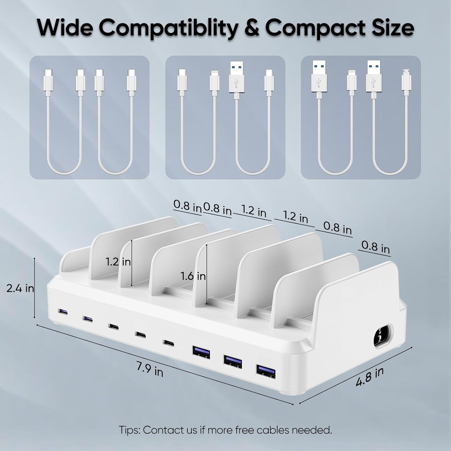 300W Charging Station for Multiple Devices, 8 Port Multi USB C Fast Charger Station Dock for MacBook iPhone 16/15/14/13/12 Samsung Pixel Series iPad, White (6 Mixed Short Cables Included)