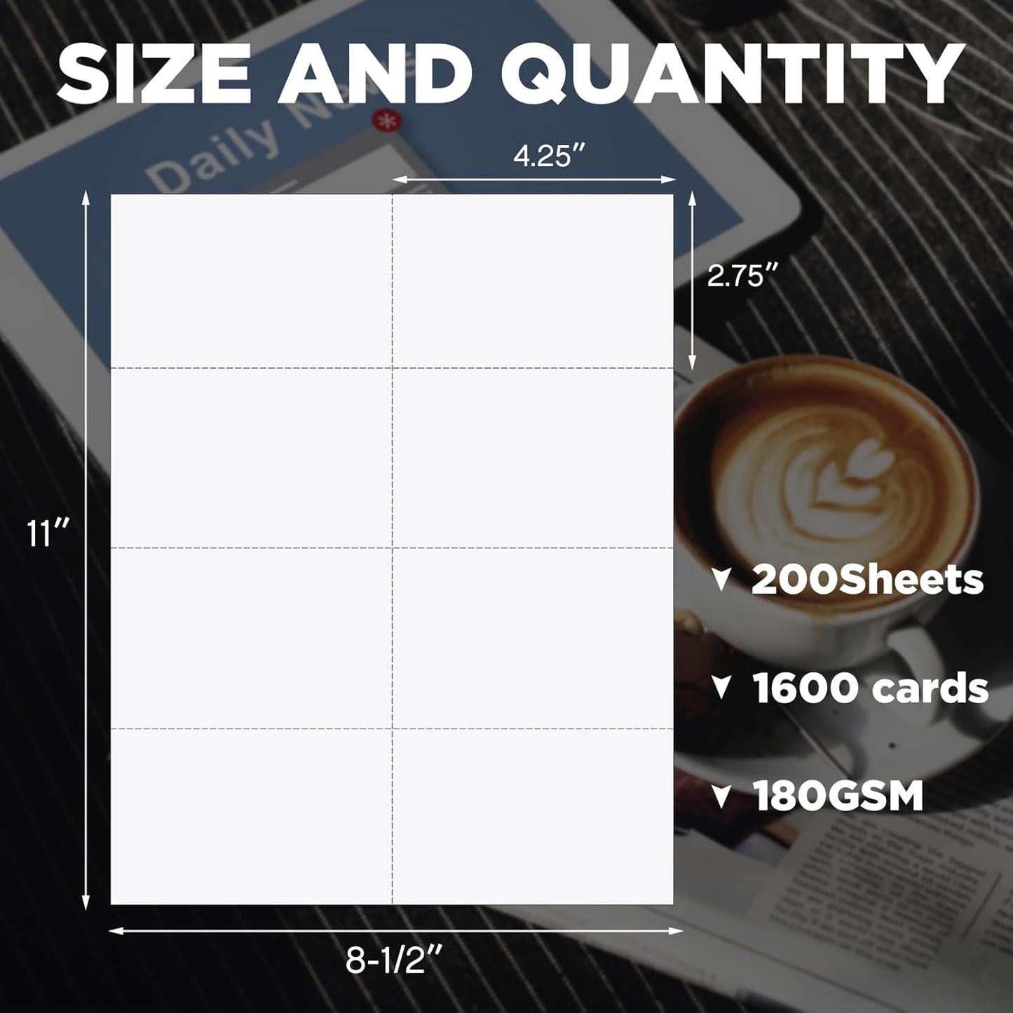 Lincia 200 Sheets 8-1/2" x 11" Blank Perforated Business Cards 8 up Per Page Thickness of 180 GSM Compatible with Laser Ink Jet Printer White Perforated Paper Cardstock (1600 Cards - 100# Tag)
