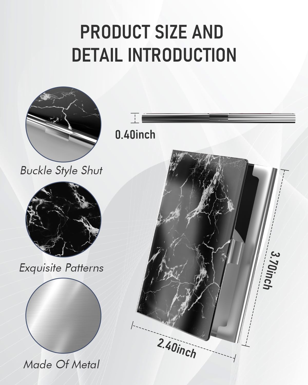 Business Card Metal Slim Organizer, Professional Stainless Steel Square Pocket Wallet for Office Workers, Compact and Portable for Pockets (Black Marble