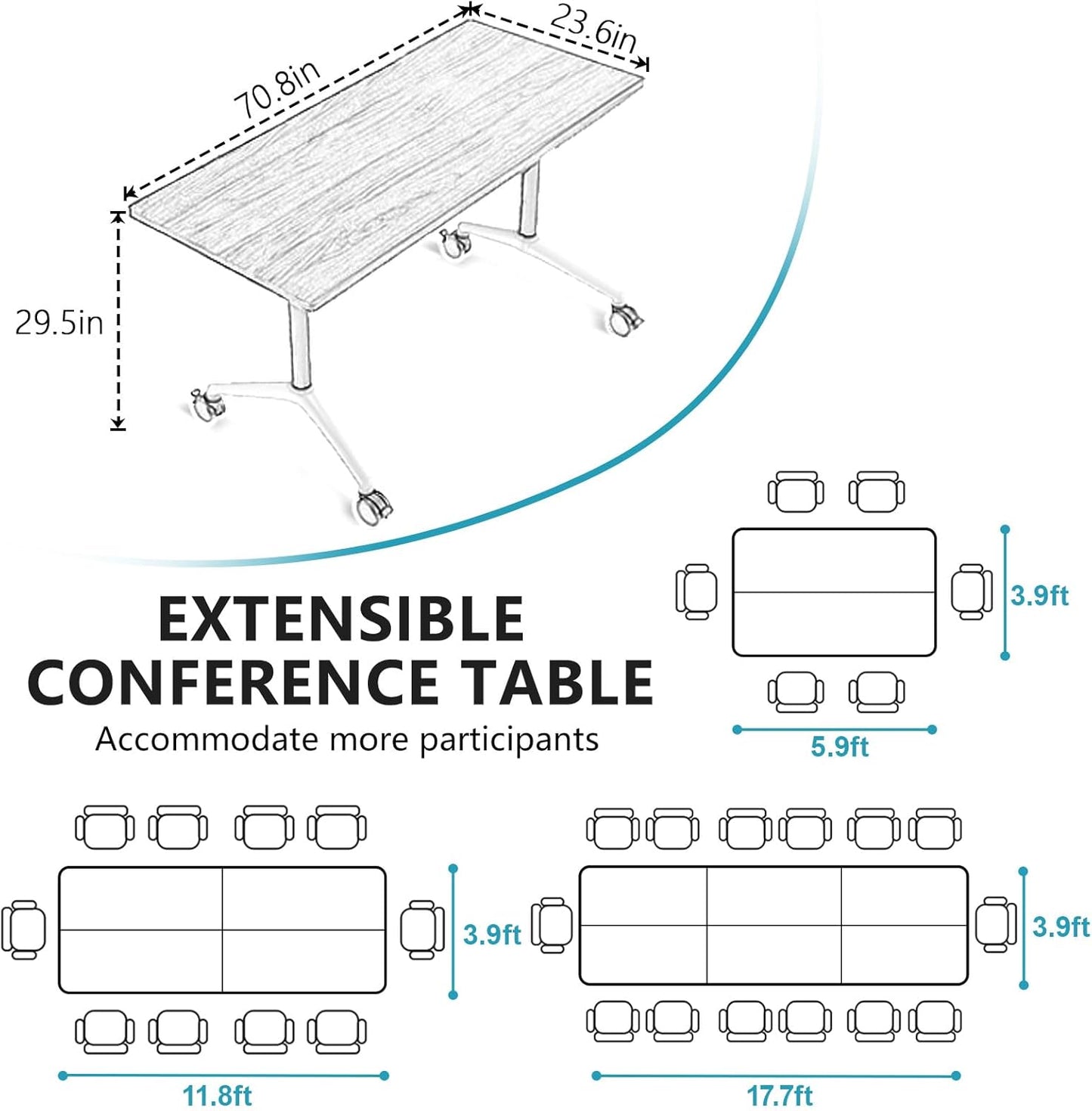 Conference Room Table, Folding Conference Tables,Thicken Grey Tabletop,Flip Top Wooden Seminar Meeting Room Table for Conference Room Offices (10, Grey, 70.8”)