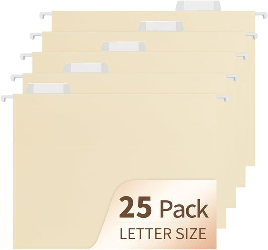 Hanging File Folders, 25 Pack Letter Size File Folders with 1/5-cut Tabs, Office Essentials for Filing Cabinet & Desk Storage