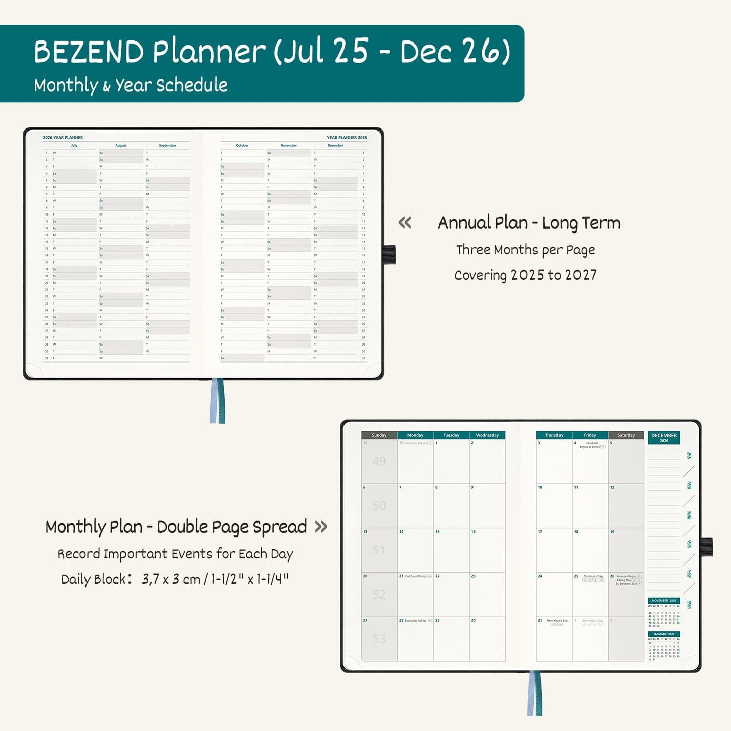 BEZEND Weekly Planner 2025-2026 with 2 Columns, 5.8" x 8.5" Academic Calendar 18 Months (Jul 25-Dec 26) Life Work Appointment Book with Monthly Tab, PU Leather Hardcover - Dutch Blue
