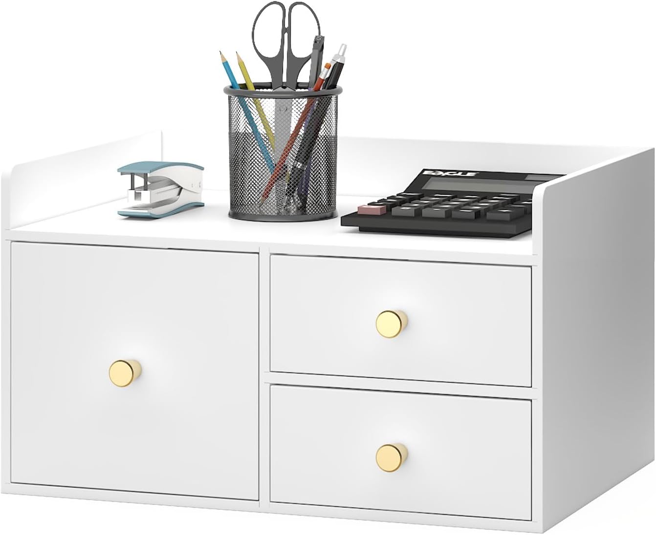 Bamboo Desk Organizer with Drawers Wooden Desktop Storage Organization Box for Bills Office Supplies Kitchen Utensils Organizing Tool for Home Classroom Vanity, No Assembly Required (3 Drawer, White)