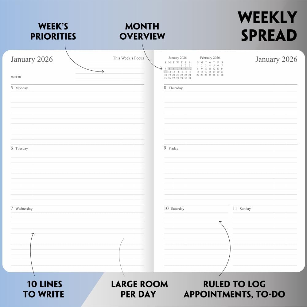 2025-2026 Planner - Weekly and Monthly Planner, Oct 2025 - Dec 2026, Holidays, Contacts and Notes Pages, Vegan Leather Cover, Elastic Closure, 5.5”x8.25”, Teal