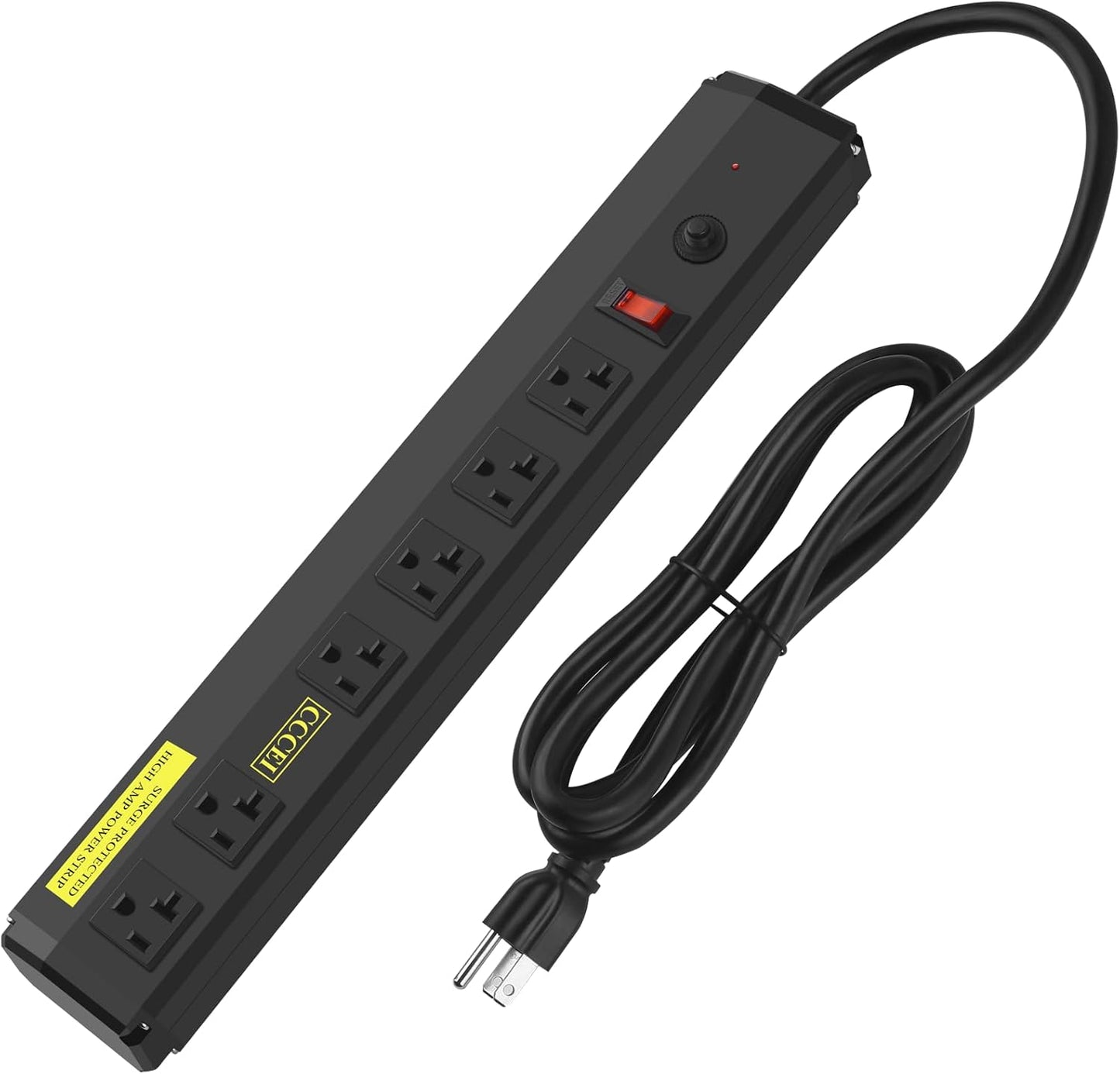 CCCEI Heavy Duty Power Strip Surge Protector 20 Amp, High Amp Industrial Shop Garage Metal Multiple Outlets, 6 FT 12 Gauge 5-15P Extension Cord 6 Outlet 6-20R T-Slot 20a for Appliance. Black.