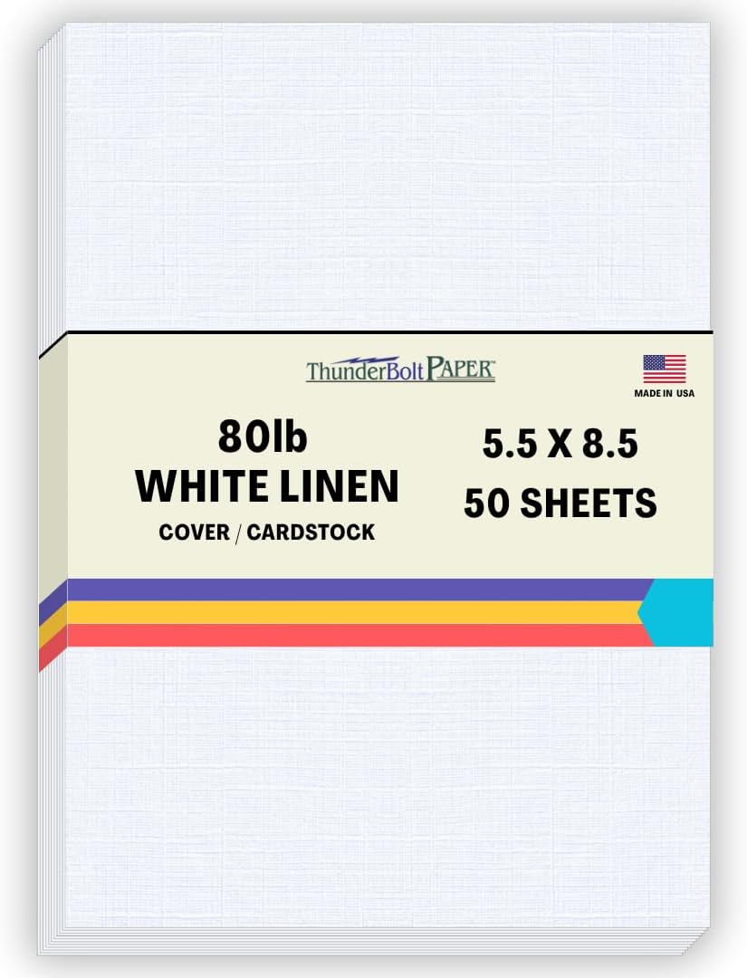 50 White Linen 80# Cover Paper Sheets - 5.5" X 8.5" (5.5X8.5 Inches) Half Letter | Statement Size - 80 lb/pound Card Weight - Fine Linen Textured Finish Cardstock