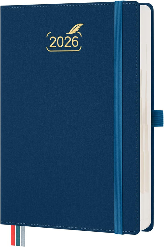 BEZEND Daily Planner 2026 (6" x 8.5") Full Page per Day Even Weekend (Jan-Dec) Monthly Calendar with Tabs, 2 Columns for Dual Schedule with Note, Vegan Leather Hardcover in Prussian Blue
