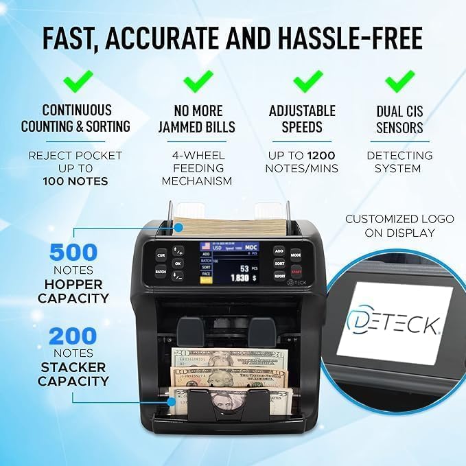DETECK DT800 Bank Grade Mixed Denomination Money Counter with Reject Pocket, Multi Currency, Bill Counter 2CIS/UV/IR/MG/MT Counterfeit Detection, Cash Counter Serial Number, Printer Enabled