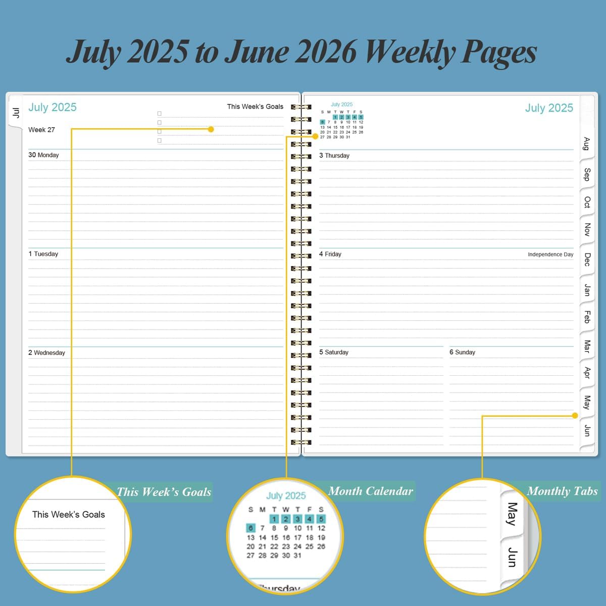 2025-2026 Planner - Weekly & Monthly Planner Spiral Bound, Planner 2025-2026 from July 2025 - June 2026 with Monthly Tabs, Inner Pocke, 8.5" x 11", Dark Blue