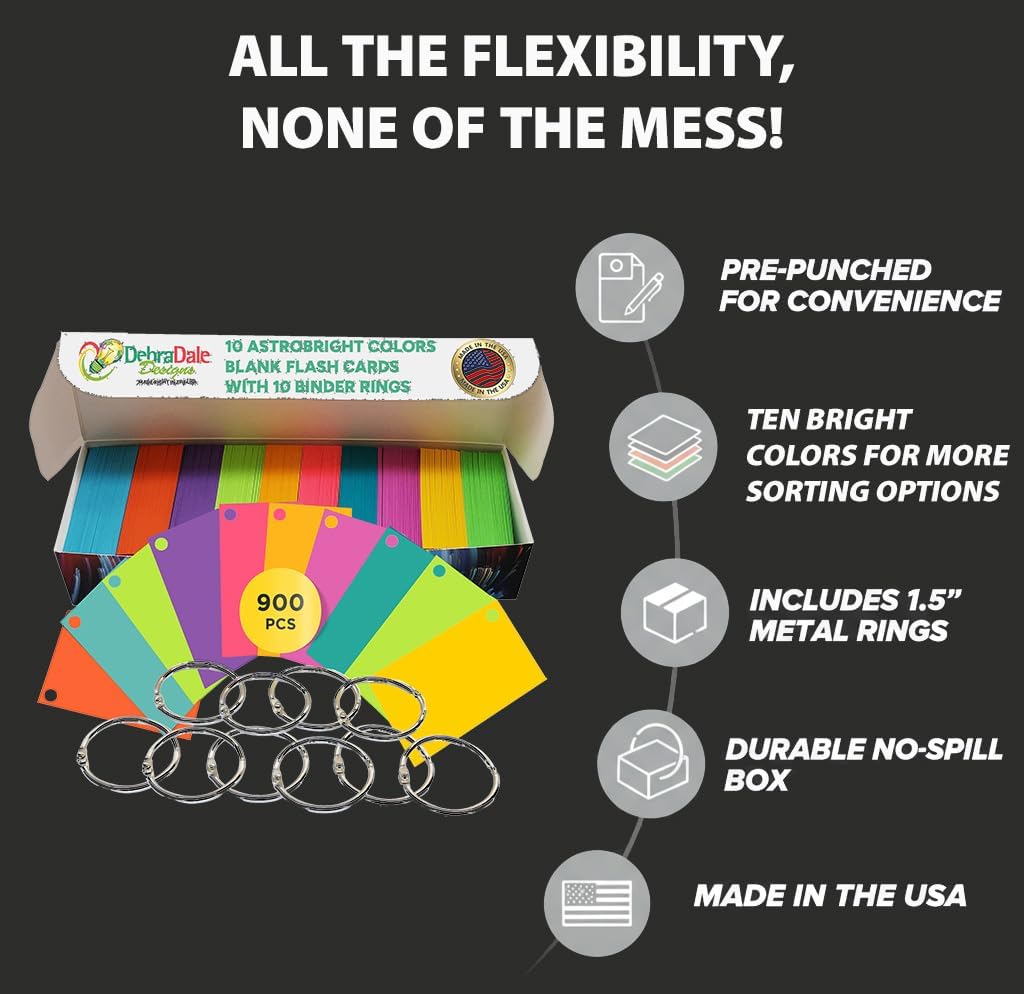 Debra Dale Designs Flash Cards – Blank Color Coded Index Cards for Visual Learners, Pre-Punched with Metal Rings, Durable Multicolor Cardstock for Memorization, School & Organization