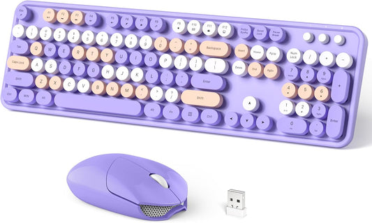 Wireless Keyboard and Mouse Combo, 104 Keys Full-Sized Typewriter Keyboards, 2.4 GHz USB Receiver Plug and Play, for Windows, PC, Laptop, Desktop (Purple Colorful)
