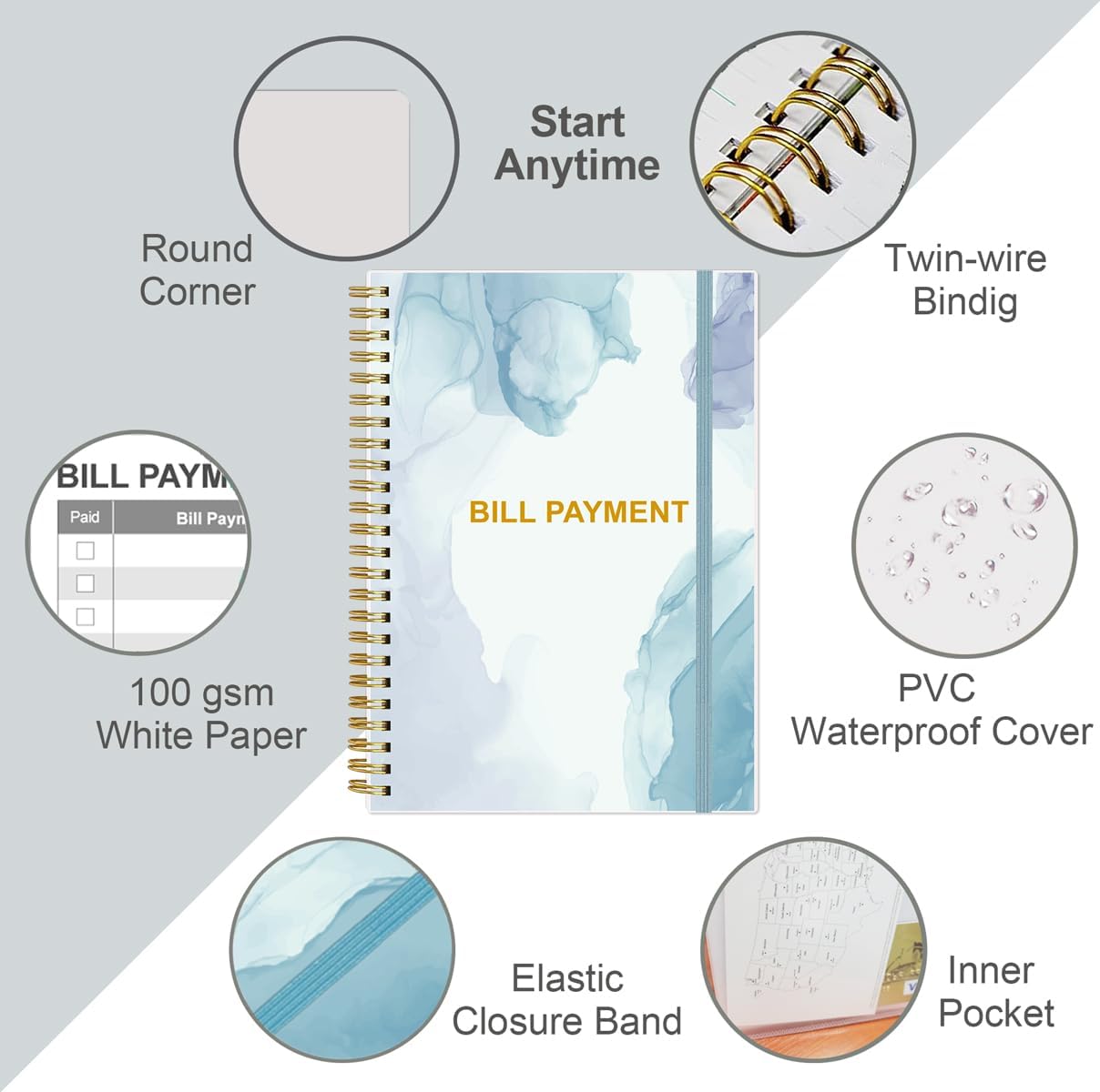 Bill Payment Tracker Notebook - Monthly Bill Organizer & Planner for Personal Budgeting Financial, Payments Checklist Organizer, 5.8" x 8.5", Blue Watercolor