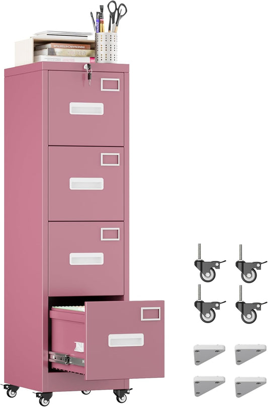 METAN 4 Drawer Vertical File Cabinet on Wheels, Lockable Office Files Storage Cabinet with Handle and Name Card,Mobile Storage Cabinet for Office and Home,Assembly Required,Pink