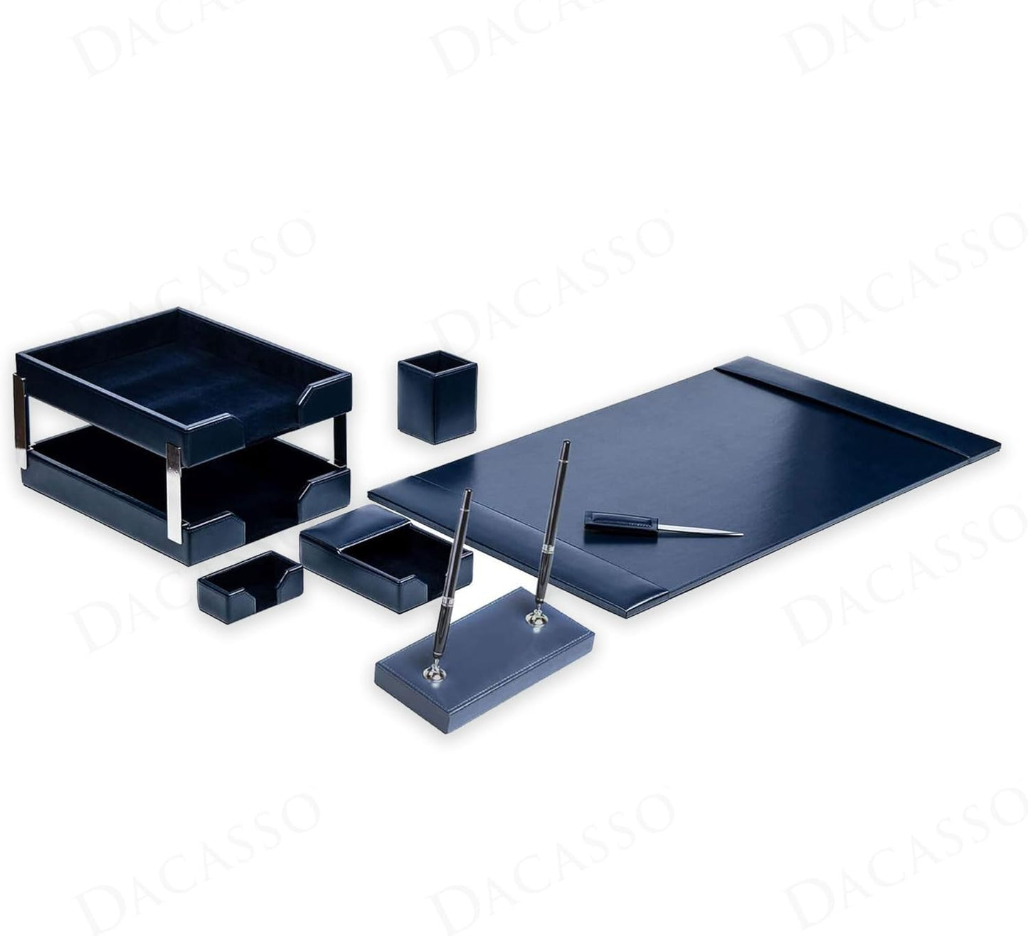 Dacasso Navy Blue Bonded Leather Luxury 9-Piece Desk Set - Blotter Pad & Desk Organization Essentials - Executive Decor and Surface Protector