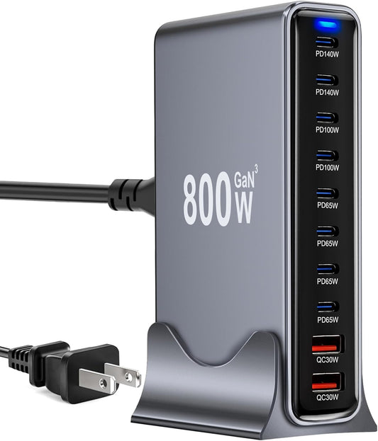 800W USB C Fast Charger Block, 10 Port USB Charging Station, GaN Ⅲ Pro Double 140W PD PPS Port Fast Charging Station,Laptop Wall Charger Compatible with HP,DELL,MacBook Pro,iPhone 17,Galaxy S24