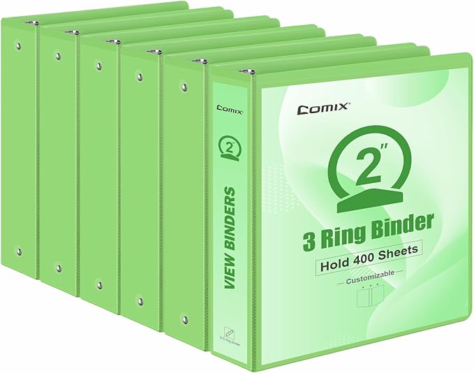COMIX Standard 3 Ring Binder 2 inch with Clear View Cover, 2" Round Ring View Binder Holds 400 Sheets of US Letter Size Paper, 6 Pack (Light Green)