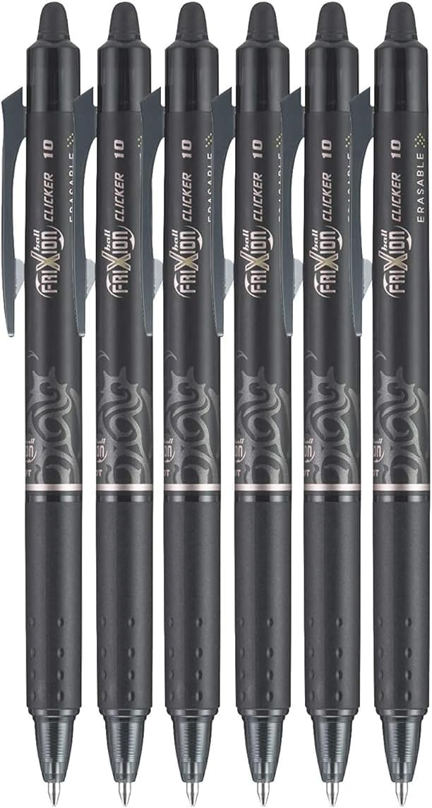 FriXion Clicker Retractable Erasable Gel Pen, Black, Bold Point, 6-pk; Bundle with Plastic Reusable Pouch