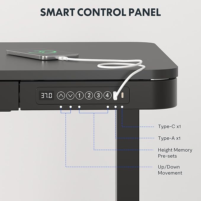 FLEXISPOT Comhar Electric Standing Desk with Drawer Desktop & Adjustable Frame Quick Install w/USB Charge Ports (Black, Wood)