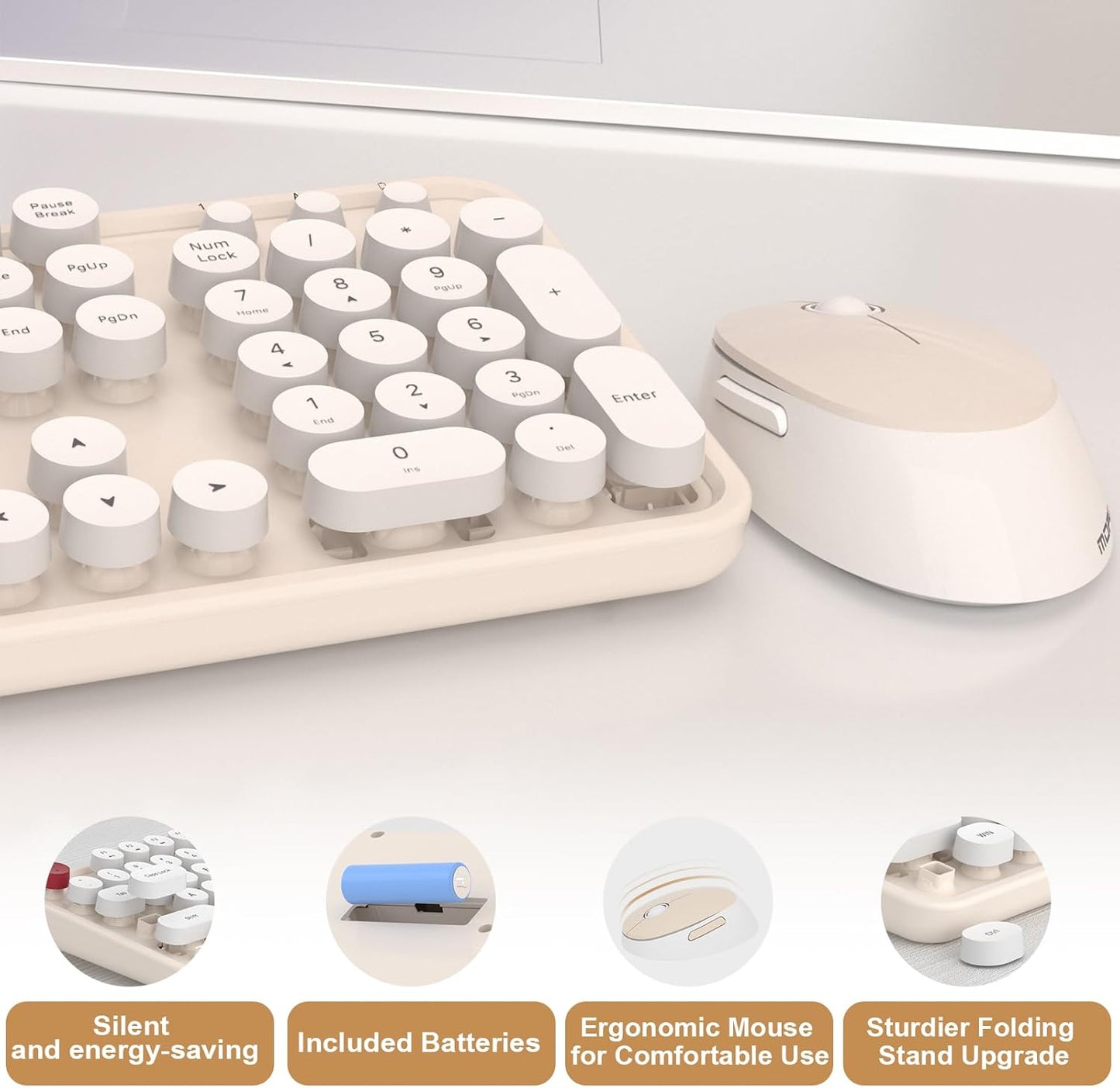 Wireless Keyboard and Mouse Combo, MOFII 104 Keys Full-Size Retro Round Keys Typewriter Keyboards Ergonomic Keyboards and Mouse Wireless for Windows, PC, Laptop, Desktop White