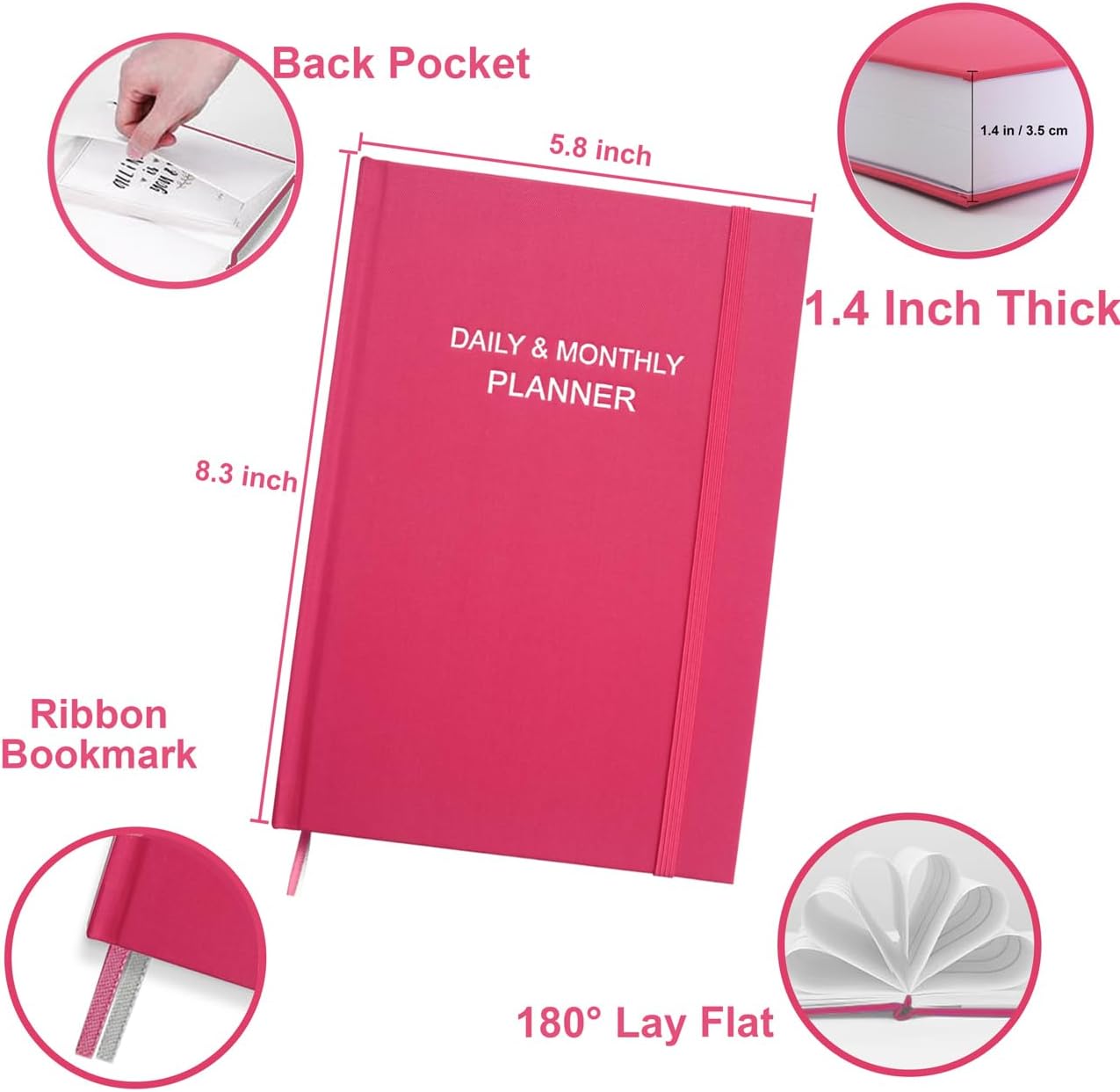 Daily & Monthly Planner for 2025 2026 or Anytime - ADHD Planner Two Pages Per Day, Daily Planner Undated to Increase Focus, Eliminate Overwhelm, Achieve Your Biggest Goals, 5.8'' × 8.3'', Pink