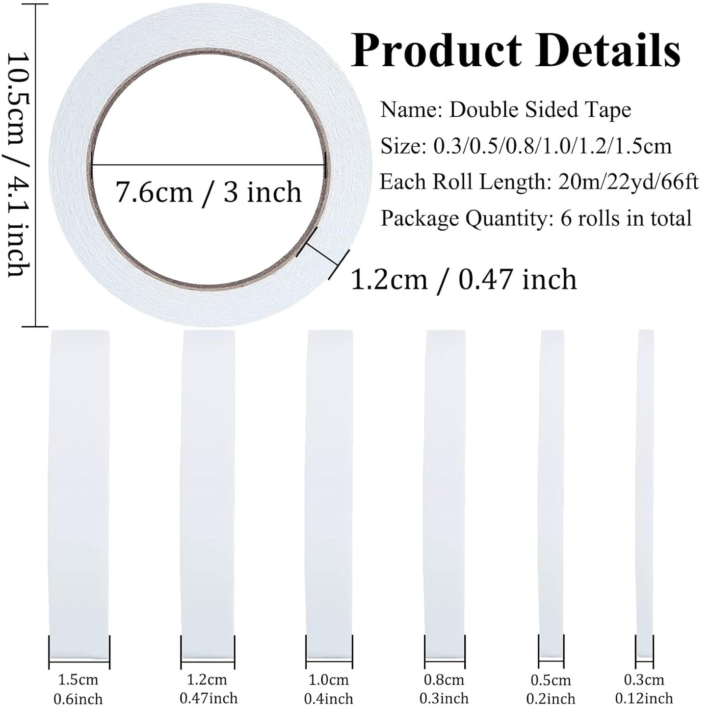 Double Sided Tape for Crafts, 6 Rolls Multi-Size Double-Sided Adhesive Tape for Arts, Photography, Gift Box, Scrapbooking, Card Making, Paper Backing
