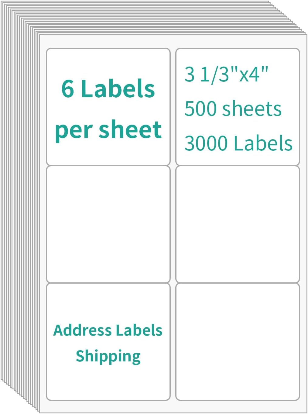 6 UP Labels, 4" x 3-1/3" Shipping Address Labels for Laser Inkjet Printer, Self Adhesive, Blank Mailing Sticker Printer Paper (500 Sheet=3000)