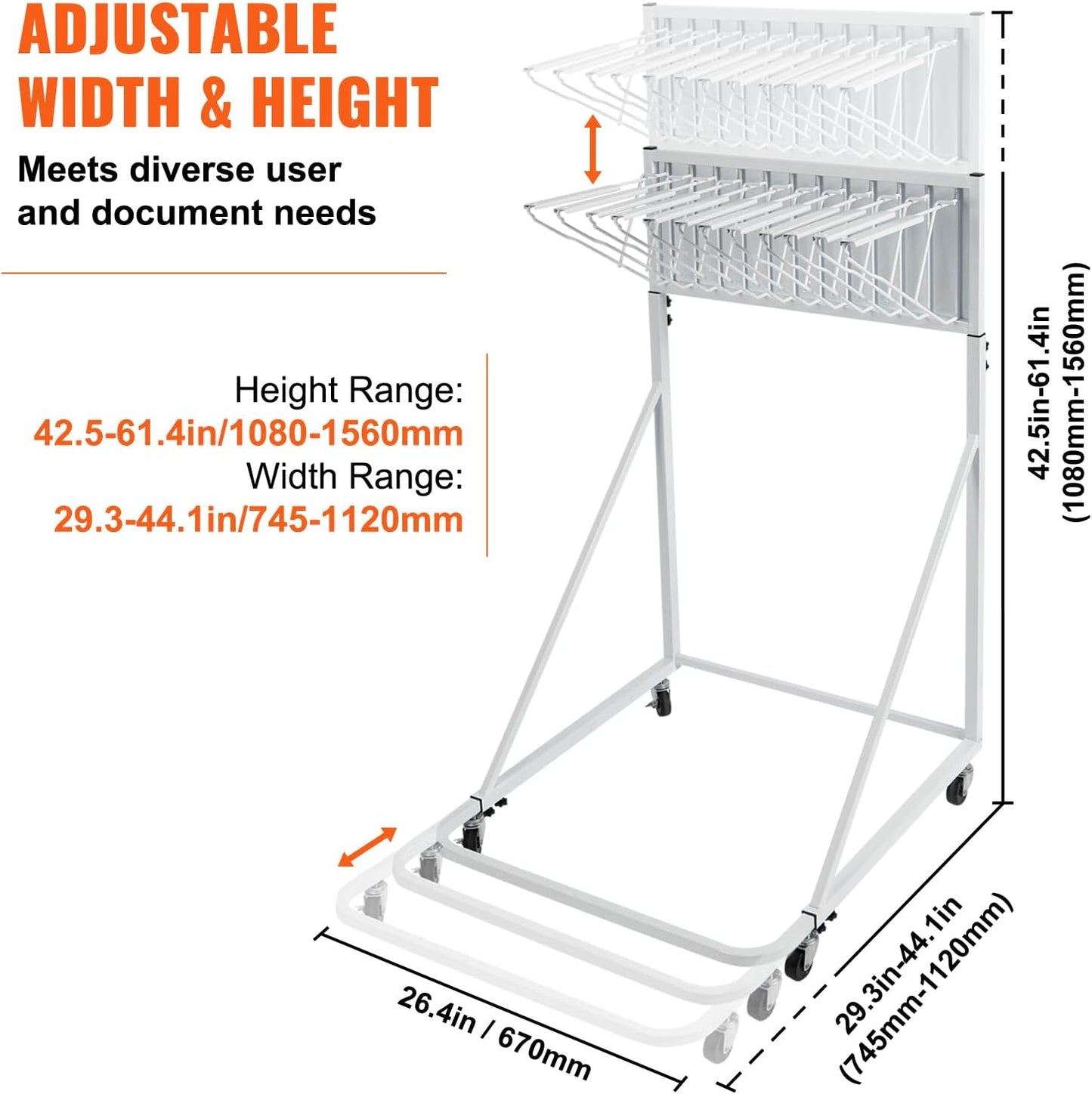 VEVOR Mobile Blueprint Storage Rack, Plan Holder with 12 Pivot Brackets, Mobile Blueprint Holder Adjustable Height & Length, Poster Display Rack for Office and Home (Rack Only Without Clamps)