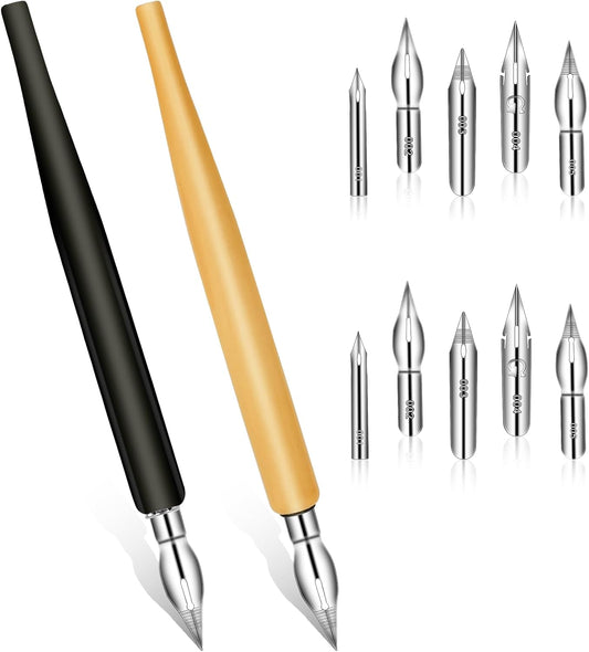 12PCS Comic Pen Nibs Set, Oblique Calligraphy Dip Pen Nib Holder with Stainless Steel Replacements for Writing, Signing, Painting
