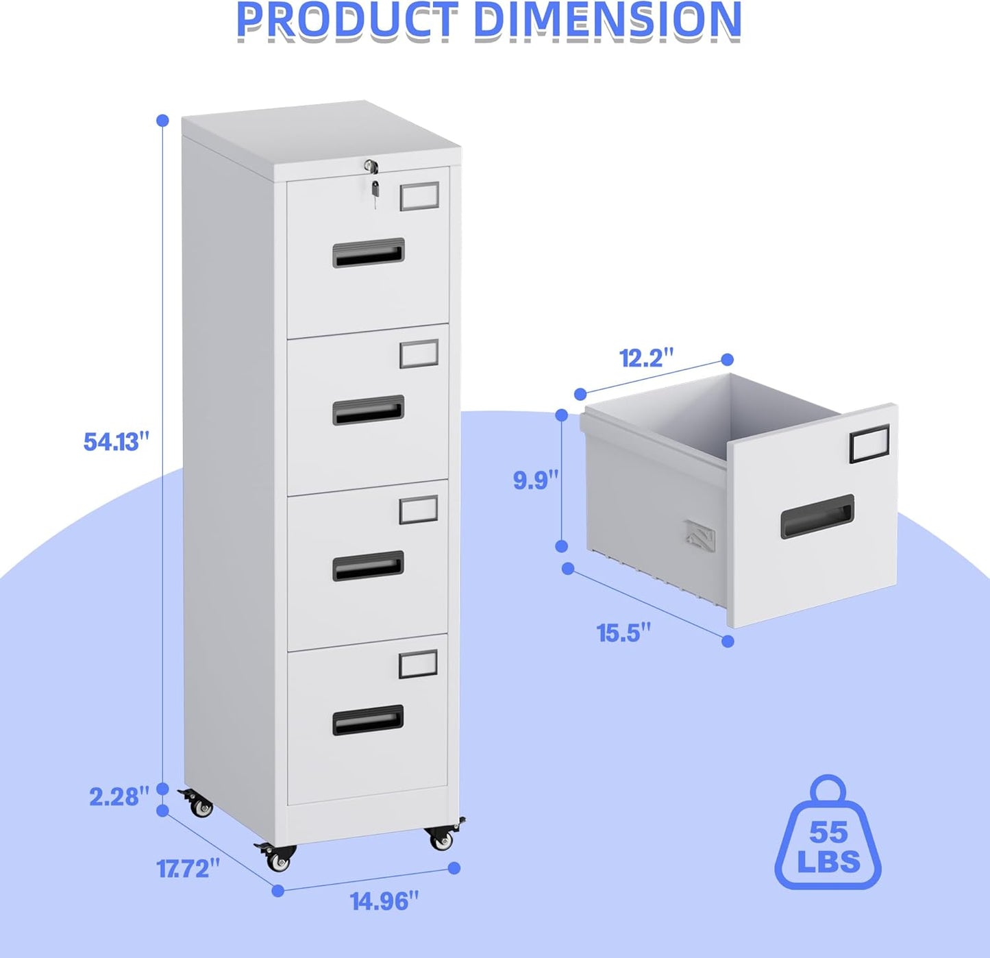 METAN 4 Drawer Vertical File Cabinet on Wheels, Lockable Office Files Storage Cabinet with Handle and Name Card,Mobile Storage Cabinet for Office and Home,Assembly Required,White