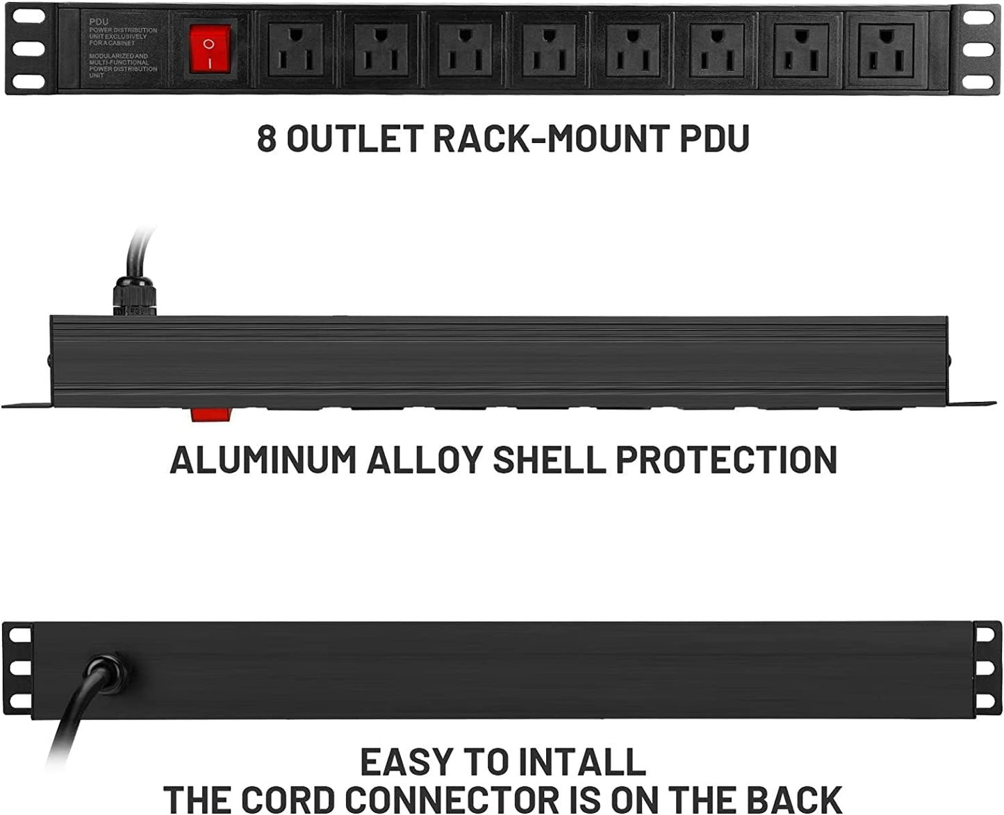 BTU Power Strip Surge Protector Rack-Mount PDU, 8 Right Angle Outlets Wide-Spaced, Mountable Power Strip Heavy Duty for Server Racks, Commercial, 300J (Black 10FT)