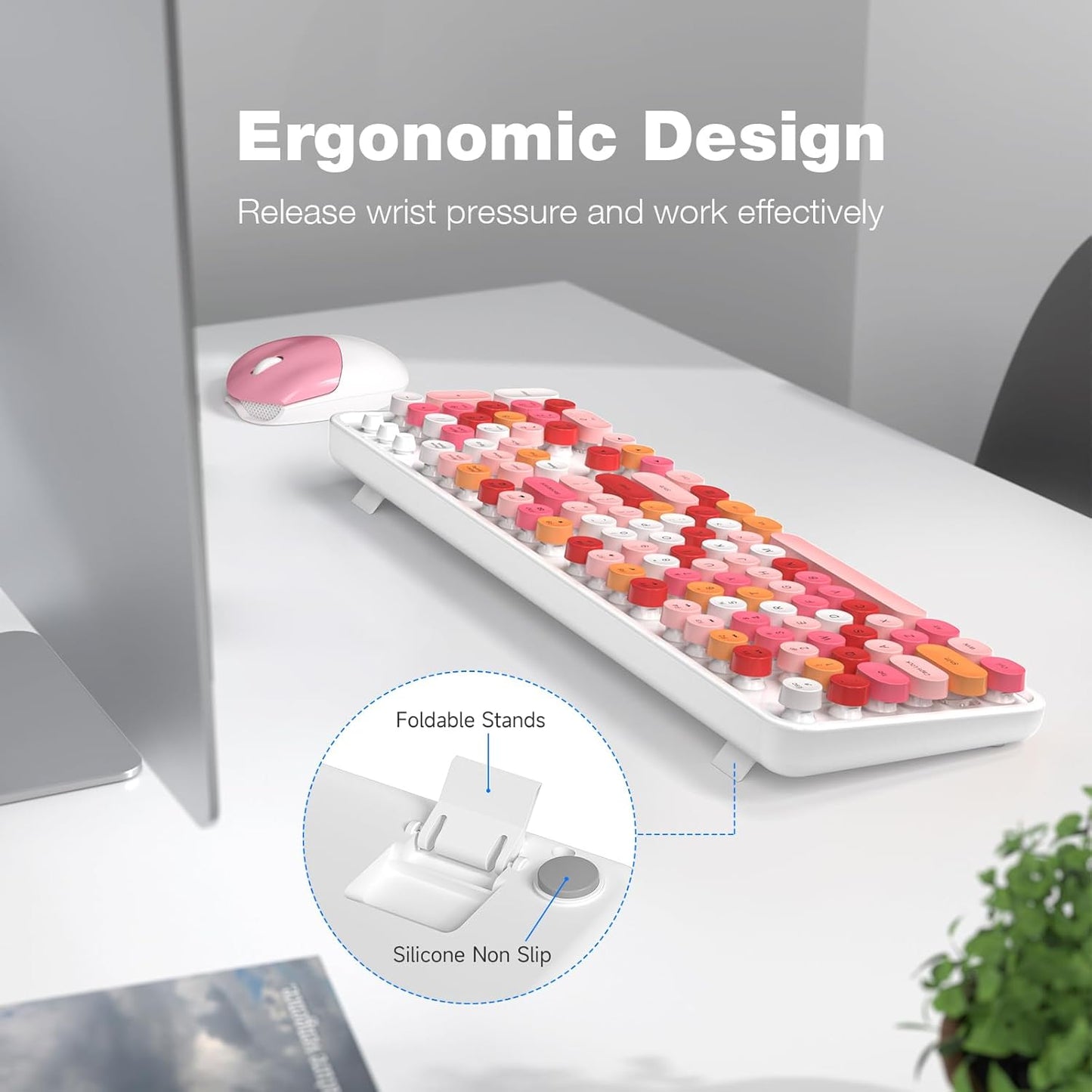 MOFII Wireless Keyboard and Mouse Combo,2.4GHz Retro Full-Size Wireless Keyboard with Number Pad and Cute Wireless Mouse for Computer PC Desktops Laptop WindowsxP/7/8/10 (Lipstick Colorful)