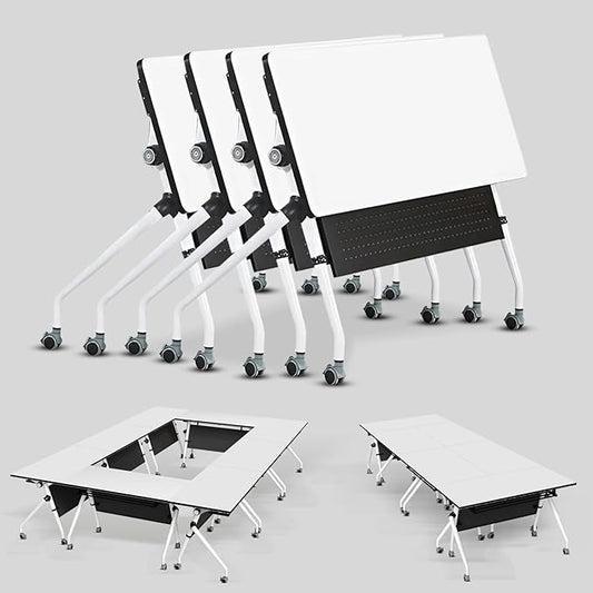 Conference Table, Folding Conference Room Tables, Mobile Training Tables with Silent Wheels, Large Rectangular Modular Seminar Table Office Computer Desks for Classroom White (4Pack L47.2in)
