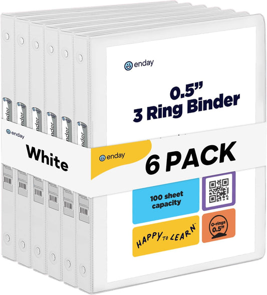 ½ Inch 3 Ring Binder .5 inch White Clear View Cover with 2 Inside Pockets, Colored School Supplies Office and Home Binders, 6 Pack – by Enday