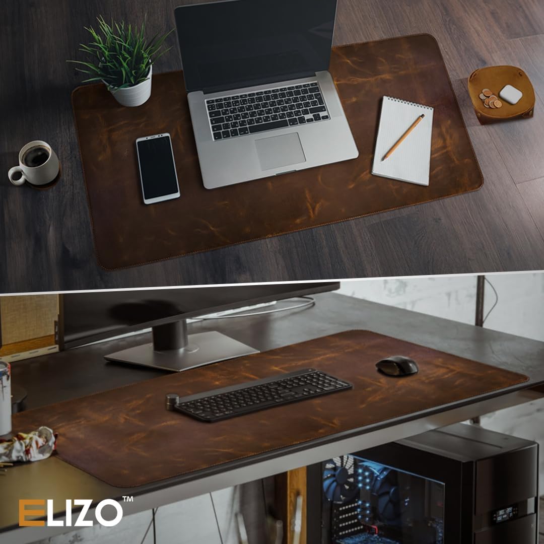 ELIZO Leather Desk Pad Real Leather Desk Mat Thick (3mm) Double Layer (31x15.6) Cover Blotter Desk Protector Large Computer Mat for Keyboard Mouse Pad Table Laptop Mat Office Desktop Accessories