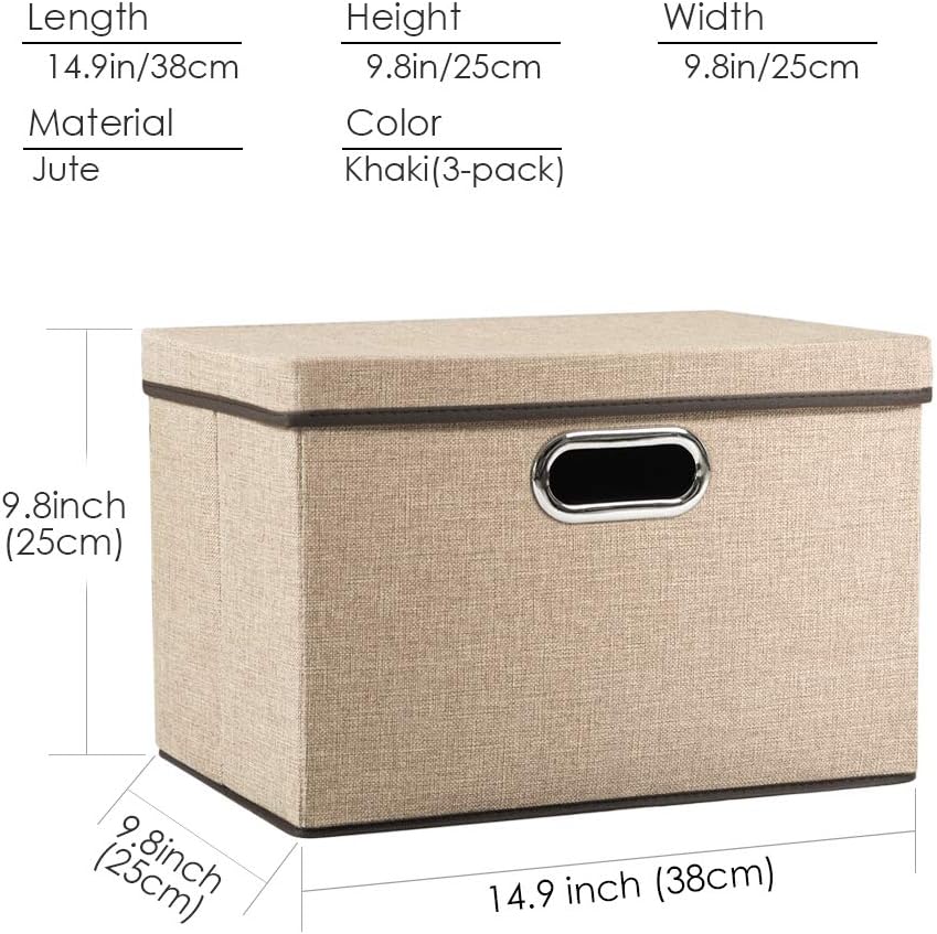 PRANDOM Collapsible Storage Cubes with Lids [3-Pack] Jute Fabric Foldable Storage Boxes Organizer Containers Baskets Bins with Cover for Home Bedroom Closet Office Nursery (14.9x9.8x9.8)