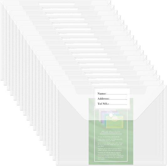 NACHLYNN 18 Pack Plastic Envelopes Plastic Folders With Snap Closure, A4 Size Clear File Envelopes with Label Documents Folders Organizers for Home Work Office Organization