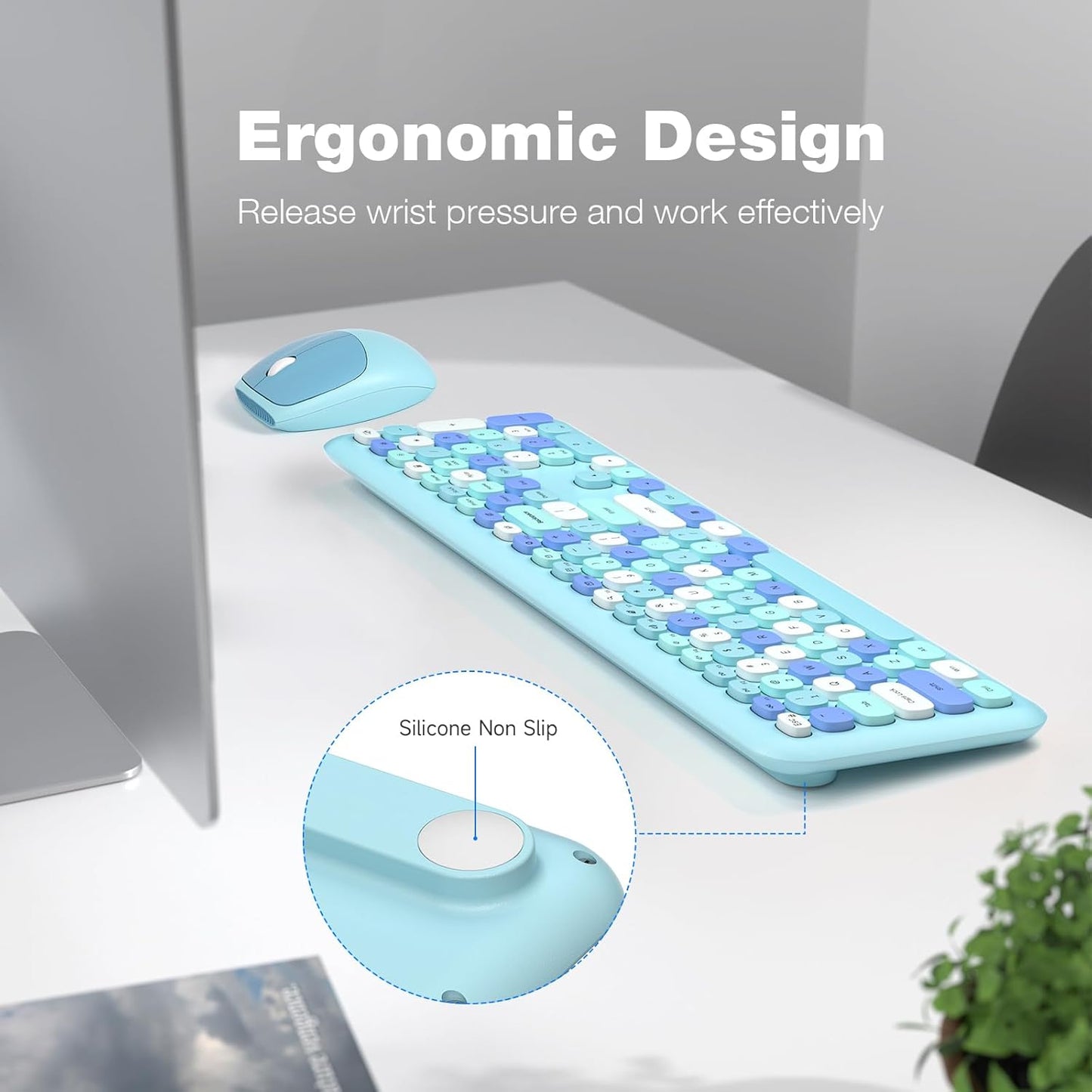 MOFII Wireless Keyboard and Mouse Combo, 2.4G Slim Full-Sized Ergonomic Keyboard Mouse for PC Desktop Laptops Windows (Blue Colorful)