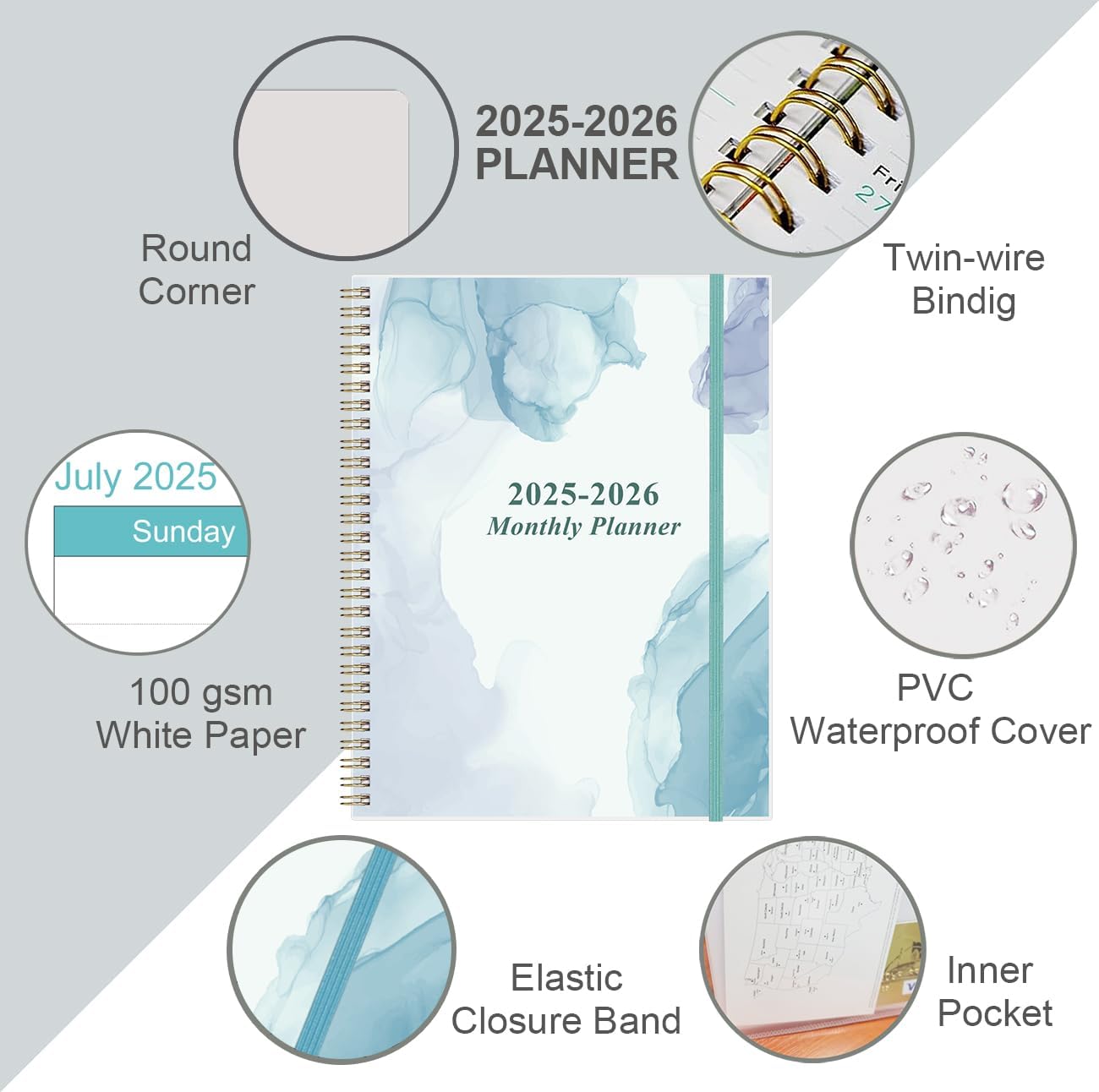 2025-2026 Monthly Planner - 18 Monthly Calendar, July 2025 - December 2026, Two Pages Per Month, 9" x11" Planner with Tabs, Strong Twin-Wire Binding, Inner Pocket, Blue Watercolor