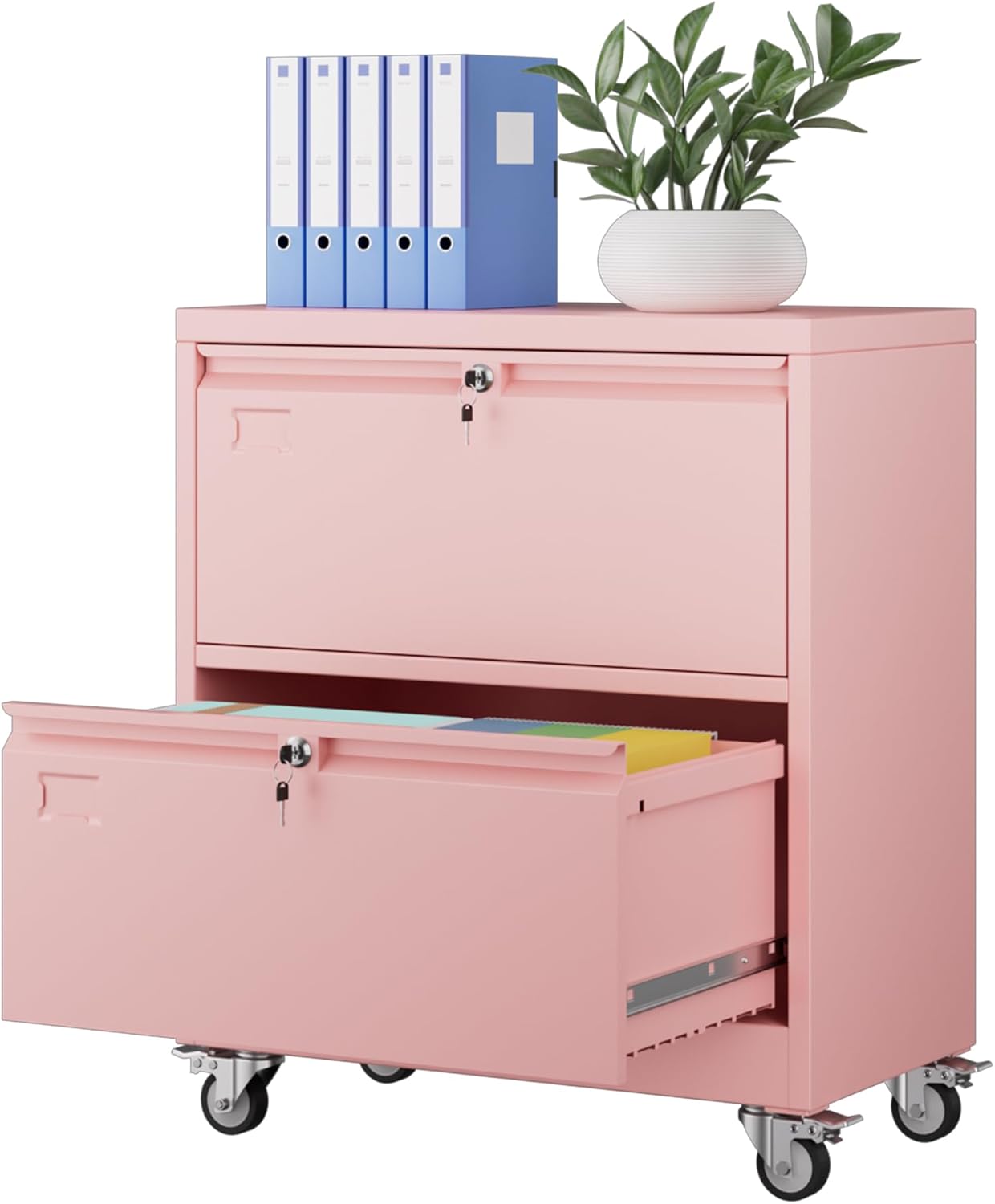 Aobabo Metal 2 Drawer Lateral File Mobile Cabinet with 2 Lock, File Cabinet with Wheels and Adjustable File Bars for Office, Home, for Letter/Legal Size, Pink, Assembly Required