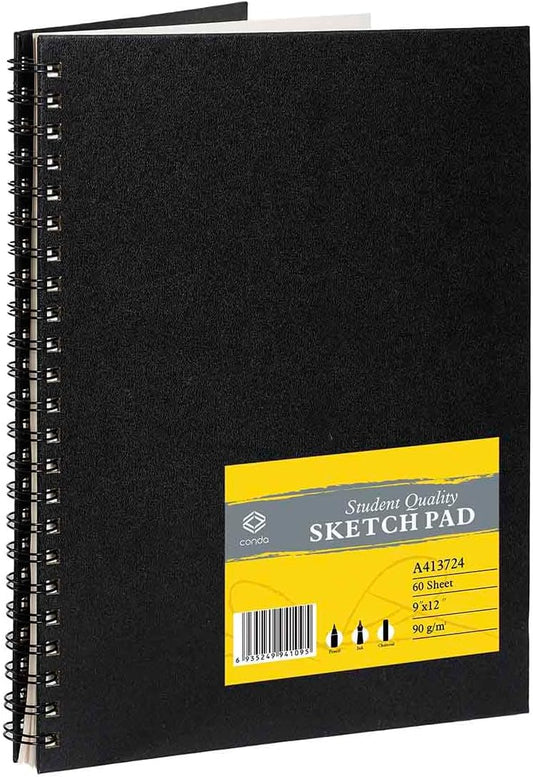CONDA 9"x12" Double-Sided Hardbound Sketchbook, 60 Sheets, Heavyweight Hardcover Sketchbook, Spiral Sketch Pad, Durable Acid Free Drawing Paper for Drawing Painting
