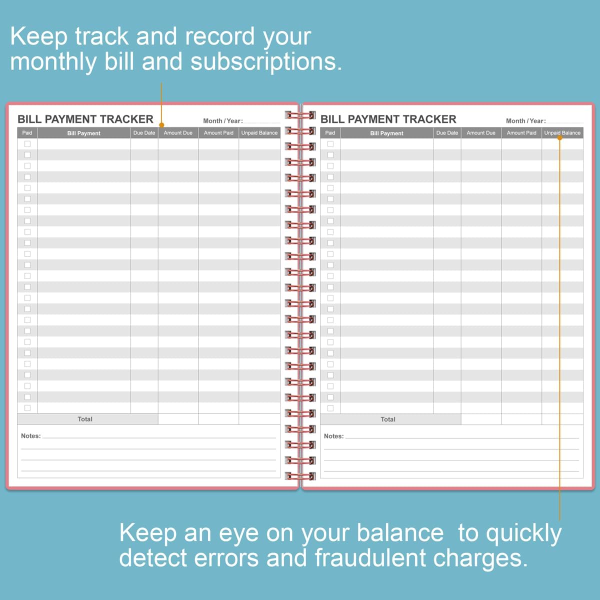Bill Payment Tracker Notebook - Monthly Bill Organizer & Planner for Personal Budgeting Financial, Payments Checklist Organizer, 8" x 10.5", Pink