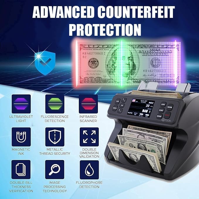 DETECK DT600 Bank Grade Money Counter Machine Mixed Denomination, Value Counting, Multi Currency, Bill Cash Counter 2CIS/UV/IR/MG/MT Counterfeit Detection, Serial Number, Printer Enabled