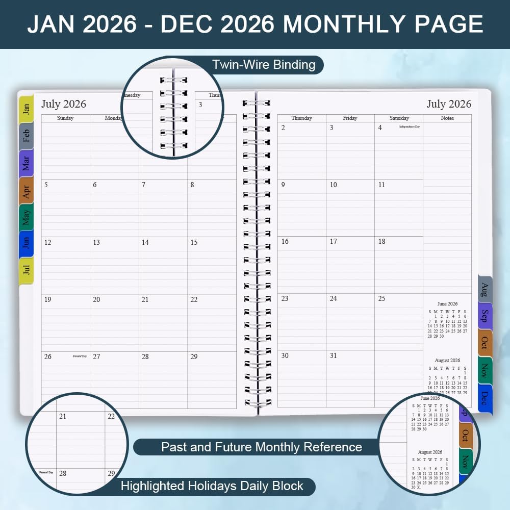 2025-2026 Planner - Weekly & Monthly Planner Runs Jul 2025 to Jun 2026, 6.25" x 8.25", 12 Monthly Tabs, 14 Notes Page, Plastic Pocket, Flexible Cover with Twin-Wire Binding, Planners 2025-2026