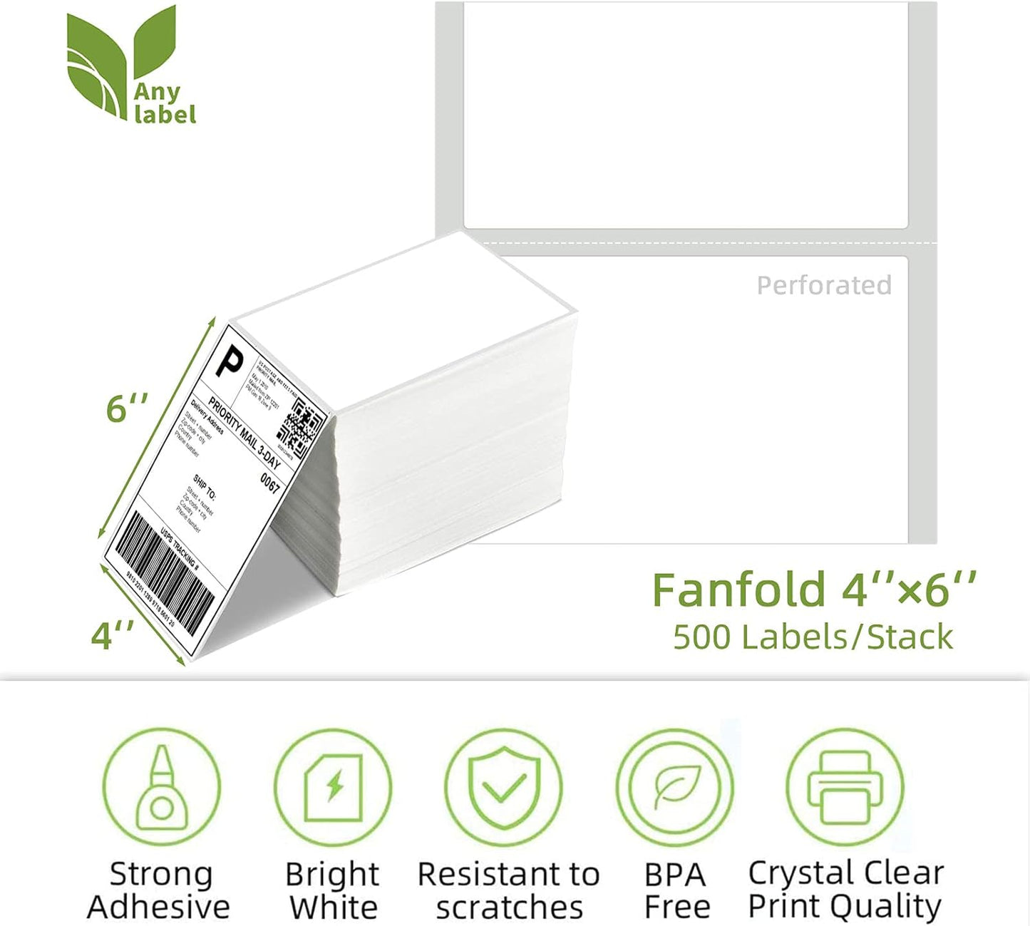 8 Stacks 4" x 6" Fanfold Direct Thermal Labels, 4000 Labels (500/Stack), Compatible with Zebra, Rollo, MUNBYN, NELKO Printers
